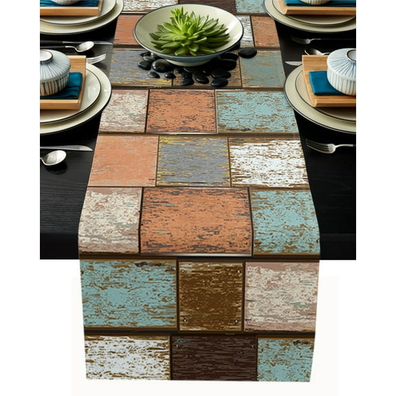 Table Runner Dresser Scarves 90 Inch Long, Farmhouse Retro Wood Planks Linen Dining Table Runners Colorful Splicing Art Tabletop Scarf for Wedding Holiday Party Kitchen