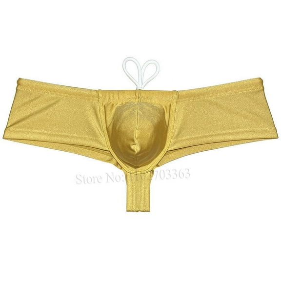 Botmois Men's Solid Nylon Brazilian Bikini Boxers Briefs Swimwear Drawstring Swimsuit Shiny Cheeky Swim Thong Beach Bathing Suit Mini Surfing Trunks Dark Yellow M
