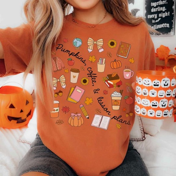 Pumpkins Coffee and Lesson Plans Teacher T-Shirt, Cute Fall Classroom Graphic Tee, Cozy Autumn School Shirt, Comfort Colors Gift for Teachers - Yam, S