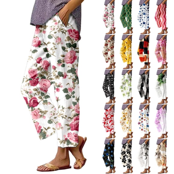 KDFJPTH Floral Rose Print Wide Leg Pants for Women Elastic Waist White Casual Trousers with Side Pockets White L