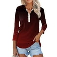 thumbnail image 3 of Scyoekwg 3/4 Sleeve T Shirts for Women Zipper Turndown Collar Tops Lightweight Tops for Women Trendy Tshirt Gradient Color Dressy Casual Blouse Loose Blouses (Red,XL), 3 of 7