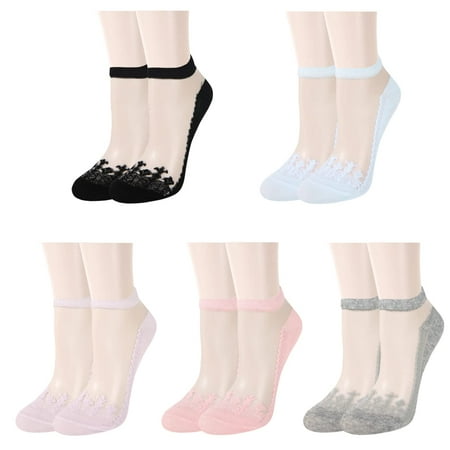 

Womens Girls Sheer Socks Colorful Lace Mesh Ankle Socks Novelty Pretty Cute Transparent See Through Floral Low Cut Socks Ultra Thin Silk Nylon Fishnet Clear Short Socks Gift 5 Pack-Vintage
