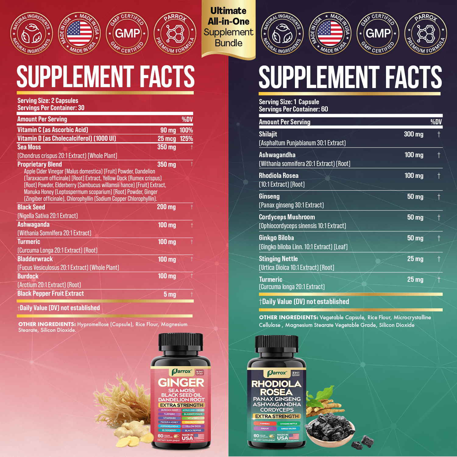 Parrox Dynamic Duo Herbal Bundle, Ginger, Rhodiola Rosea, Sea Moss, Ashwagandha, Black Seed Oil, Panax Ginseng, Turmeric, Dandelion, Cordyceps, Ginkgo Biloba, ACV, Elderberry, Manuka Honey