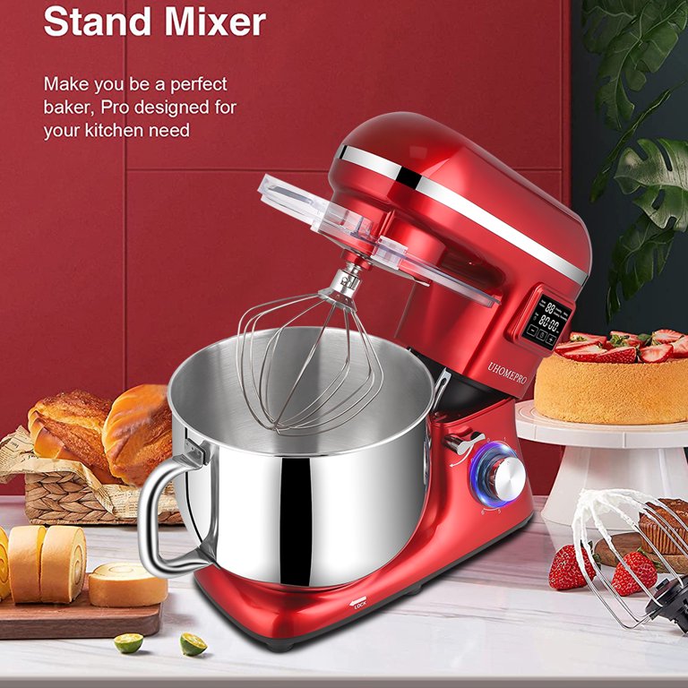 Due barndom mulighed uhomepro 8.5QT Stand Mixer for Home Commercial, 6+0+P-Speed Tilt-Head 660W  Kitchen Dough Mixer, LED Display Electric Cake Mixer With Dough Hook,  Beater, Egg Whisk, Spatula, Dishwasher Safe, Red - Walmart.com