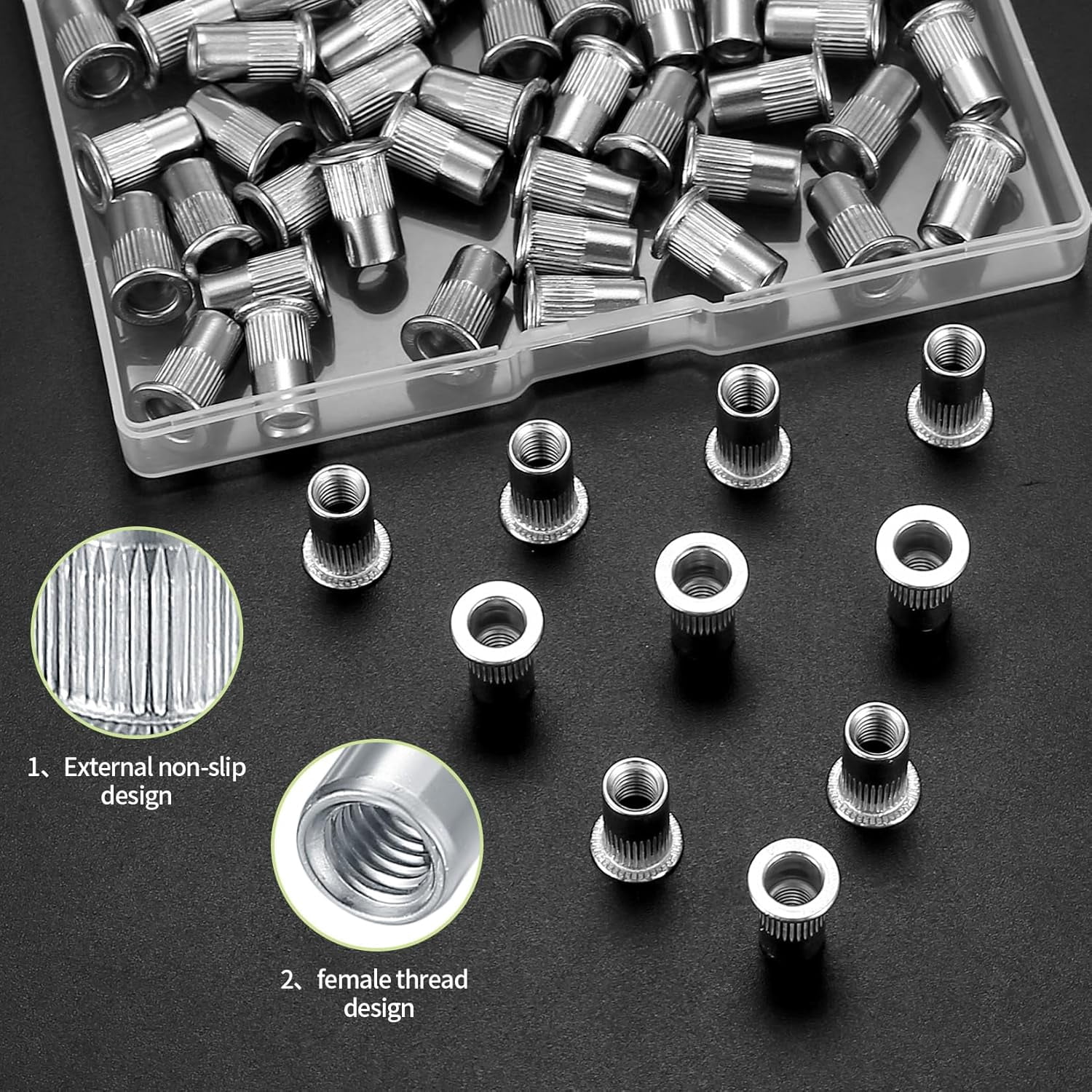 105 pieces of type 5 rivet nuts, 5 thread inserts, threaded rivets, nut inserts, stainless steel flat head rivet nuts, metal knurled nut set