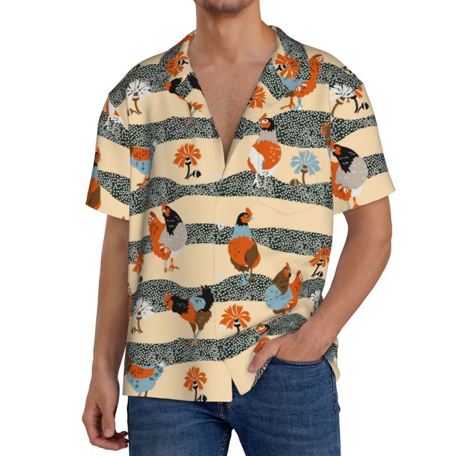 Balery Funny Chicken Camisa Casual de Manga Corta con Botones para Hombre, Texturizada, Estilo Cubano, para Playa, Verano-XX-Large