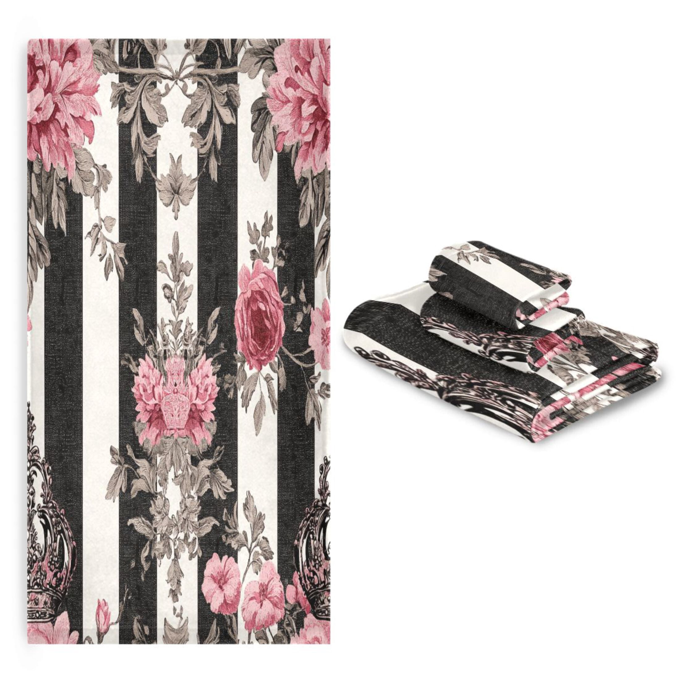 BZSMCE 3piece Bath Towel Sets Hand Bath Towels Fashion Black White Stripes Pink Roses Printed Towel Sets