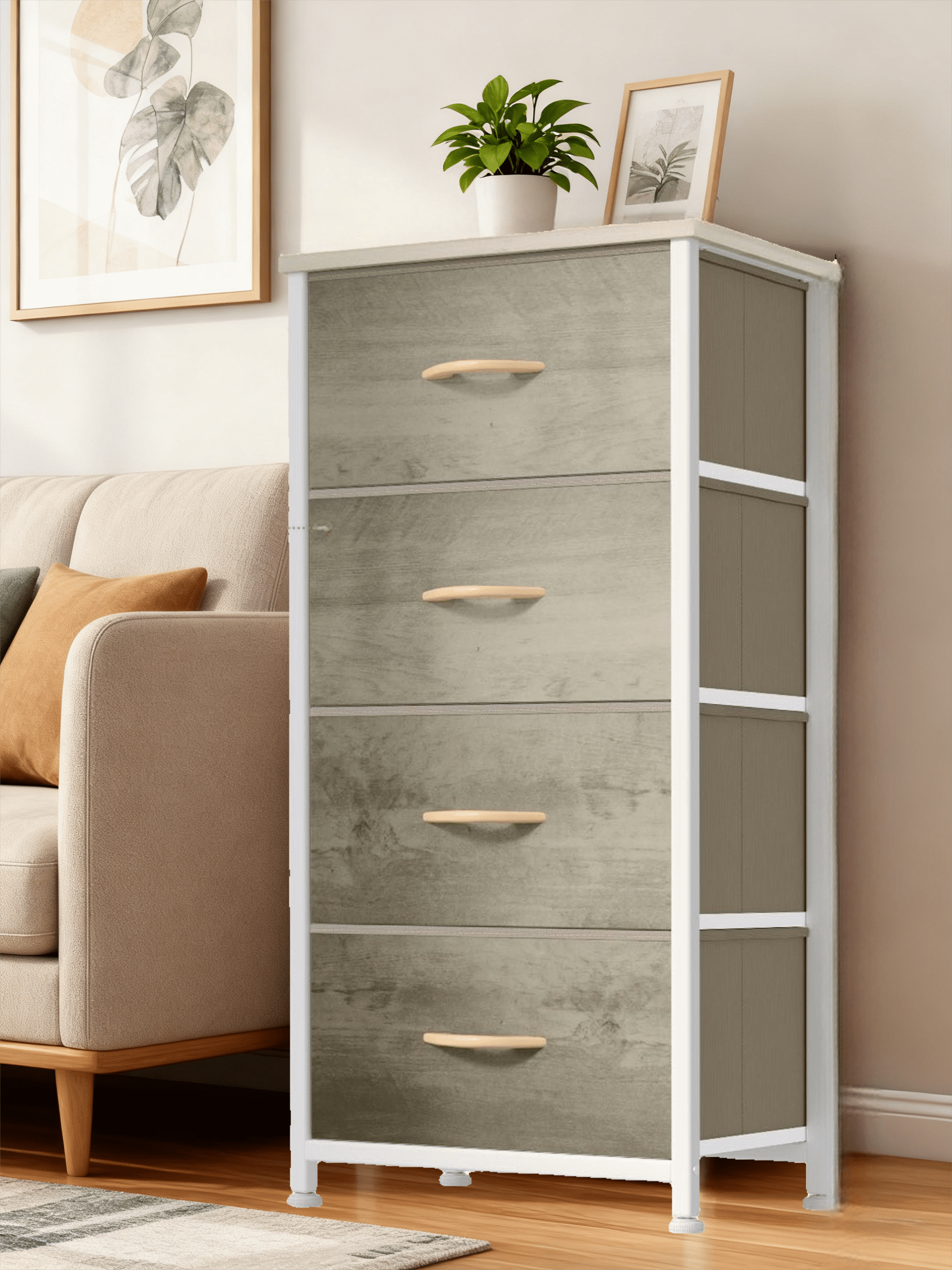 CONCETTA 4 Drawer Dresser, Wide Chest Drawers Nightstand Storage Tower Storage Fabric Dresser With Wood Top for Living Room, Bedroom, Closet, Oak
