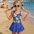 thumbnail image 3 of COEQINE Girls One Piece Swimsuit with Flowy Skirt Bottom, Soft Tank Style Neckline Skirted Swimwear, Comfort Polyester Spandex Bathing Suit for 5-6 Year Olds, Tropical Hibiscus Palm Blue, 3 of 8