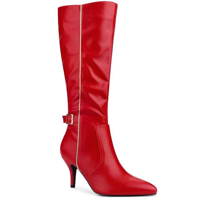 Unique Bargains Women's Buckle Decor Side Zip Stiletto Heel Knee High Boots Red US 11