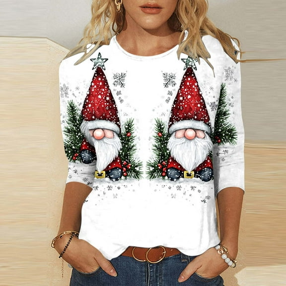 Wancir Merry Christmas 3/4 Sleeve Tops for Women Crewneck Snowflake Snowman Holiday Shirts Xmas Tree Tops Xmas Gifts