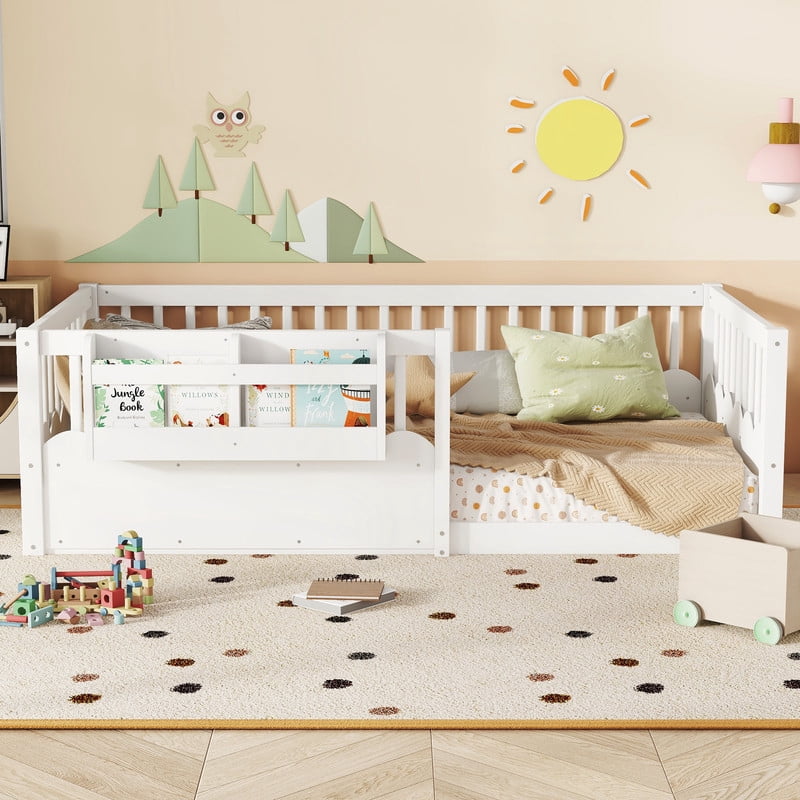 Twin Size Floor Bed with Heightened Fence, Kids Platform Bed Frame with No Slat, Montessori Storage Bed with Bookshelf