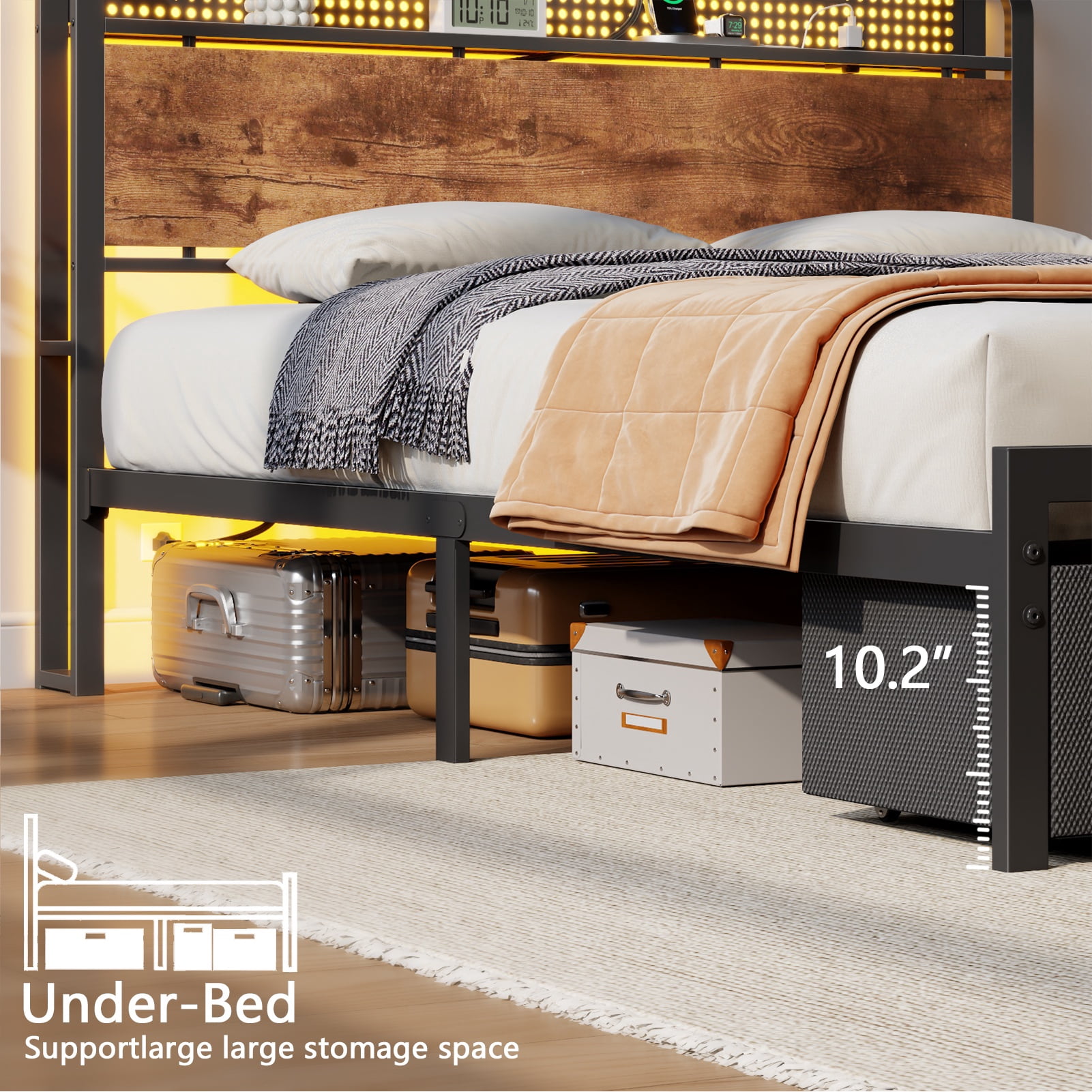 Satifur Farmhouse Queen Bed Frame with 2 Storage Drawers and Headboard, No Box Spring Needed