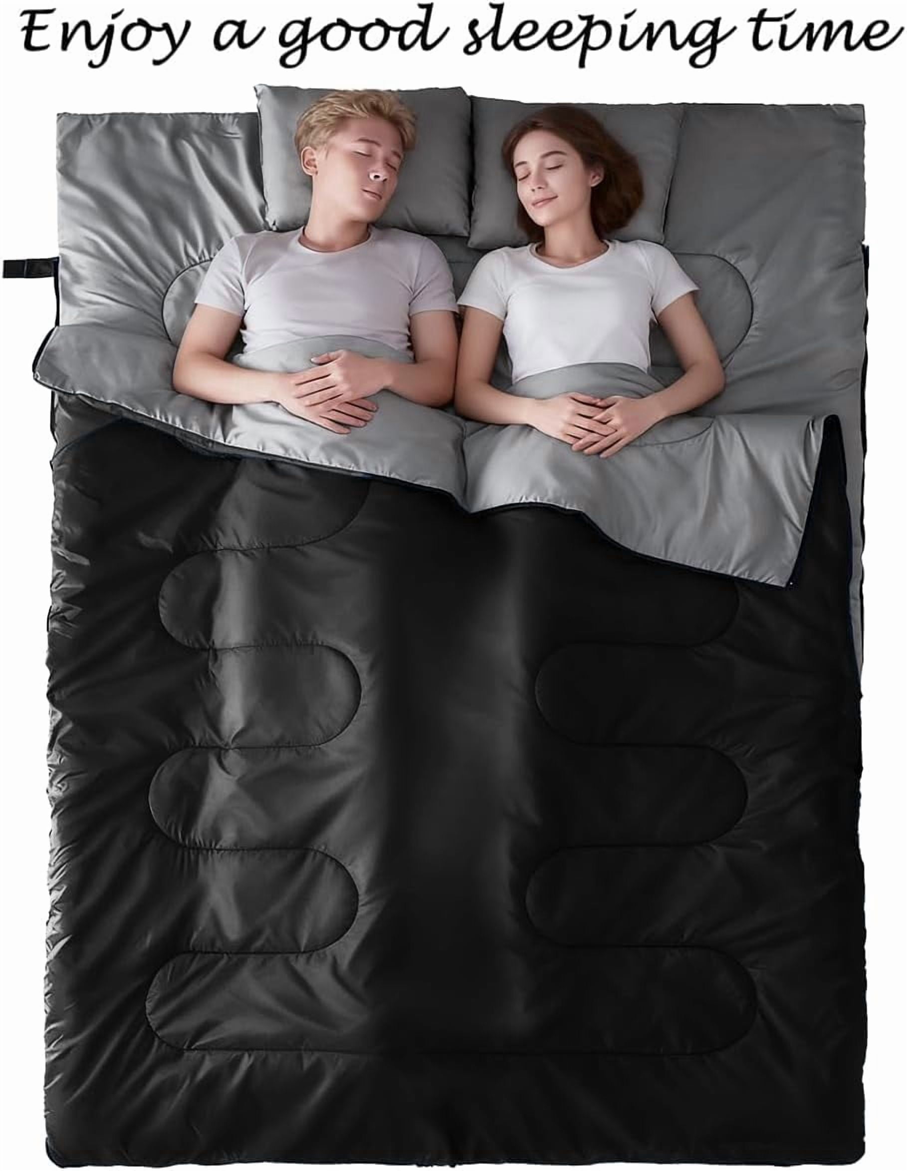 Double Sleeping Bag, Bag with 2 Pillows, Queen Size XL for People, Cold Warm Weather- 3 Seasons, Waterproof Adults Camping, Backpacking or Hiking