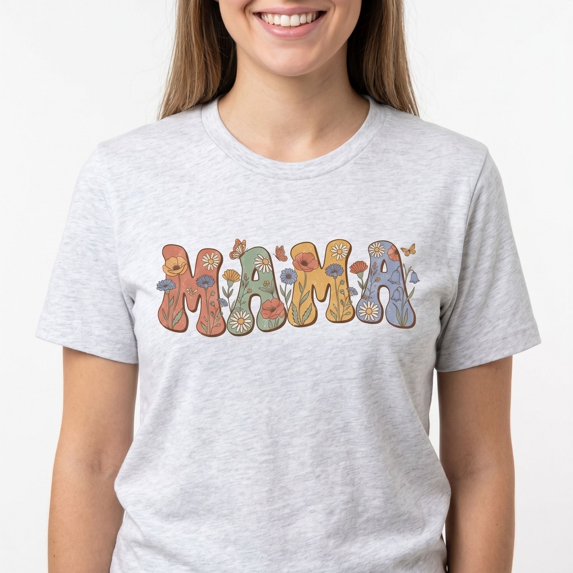 Mama Floral Cotton T-Shirt - Retro Flower Mother's Day Print Graphic Tee