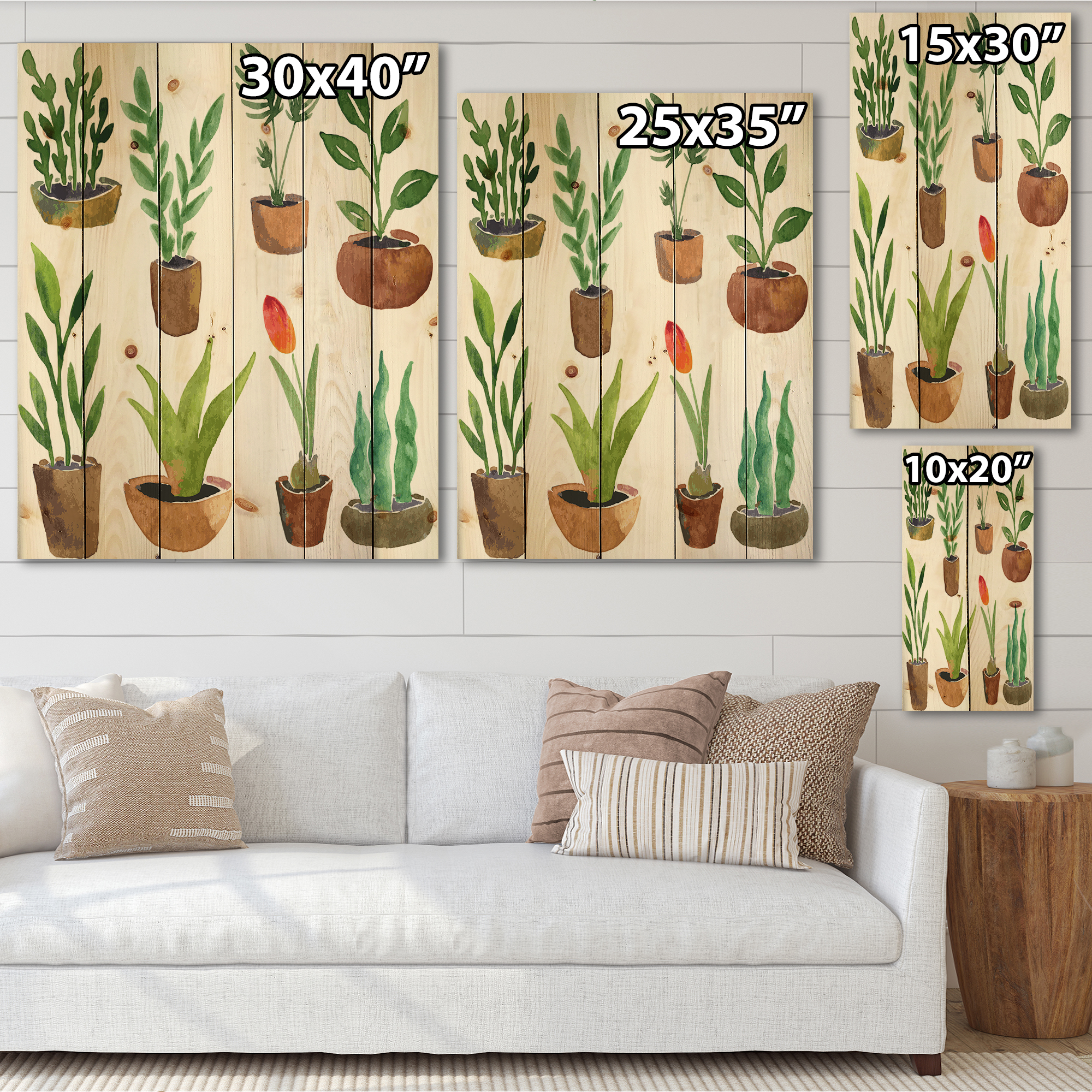 Designart 'Eight House Plants In Claypots' Traditional Print on Natural Pine Wood