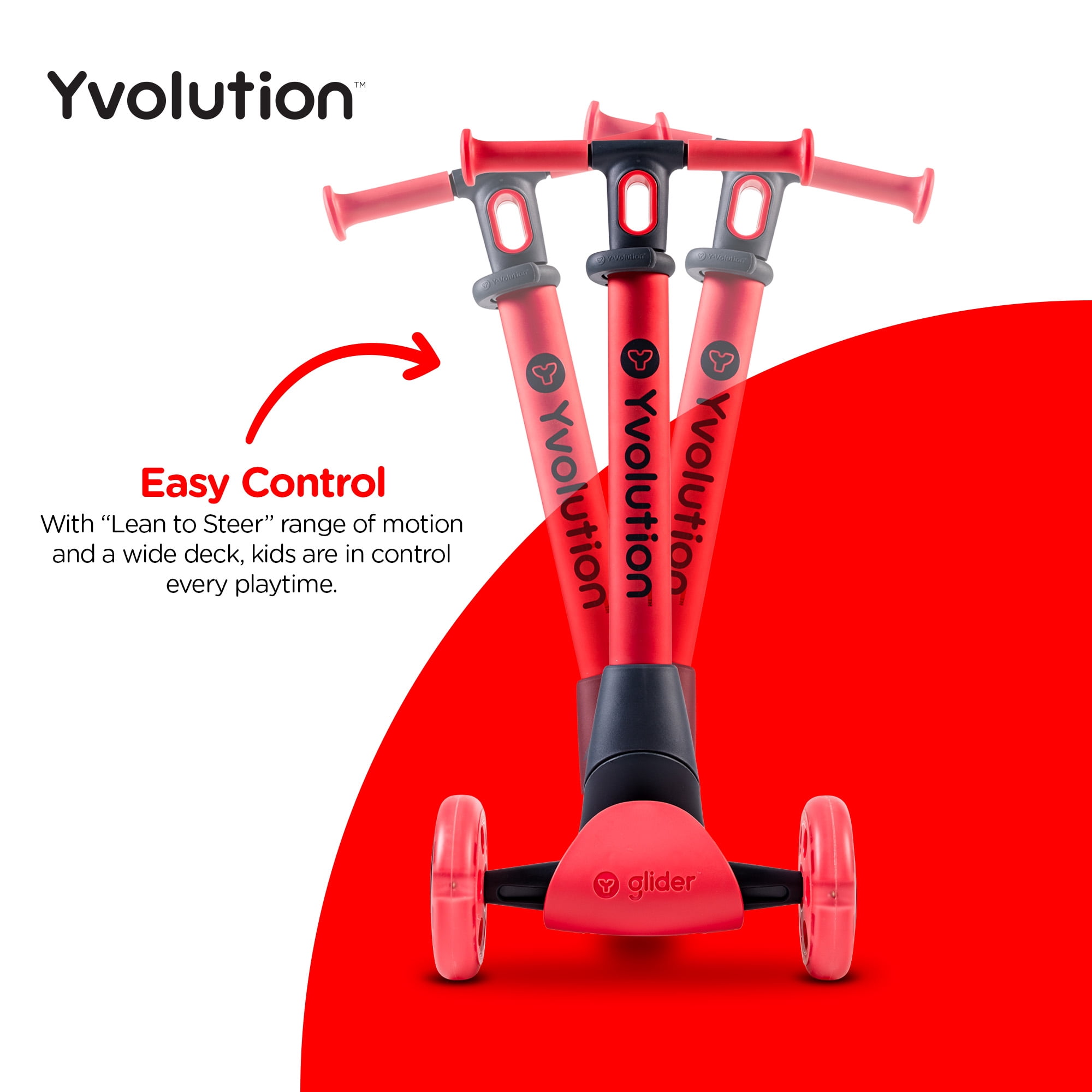 Yvolution Glider Nua Red 3-Wheel Kids Scooter Light-up Wheels Adjustable for Boys or Girls Age 3+