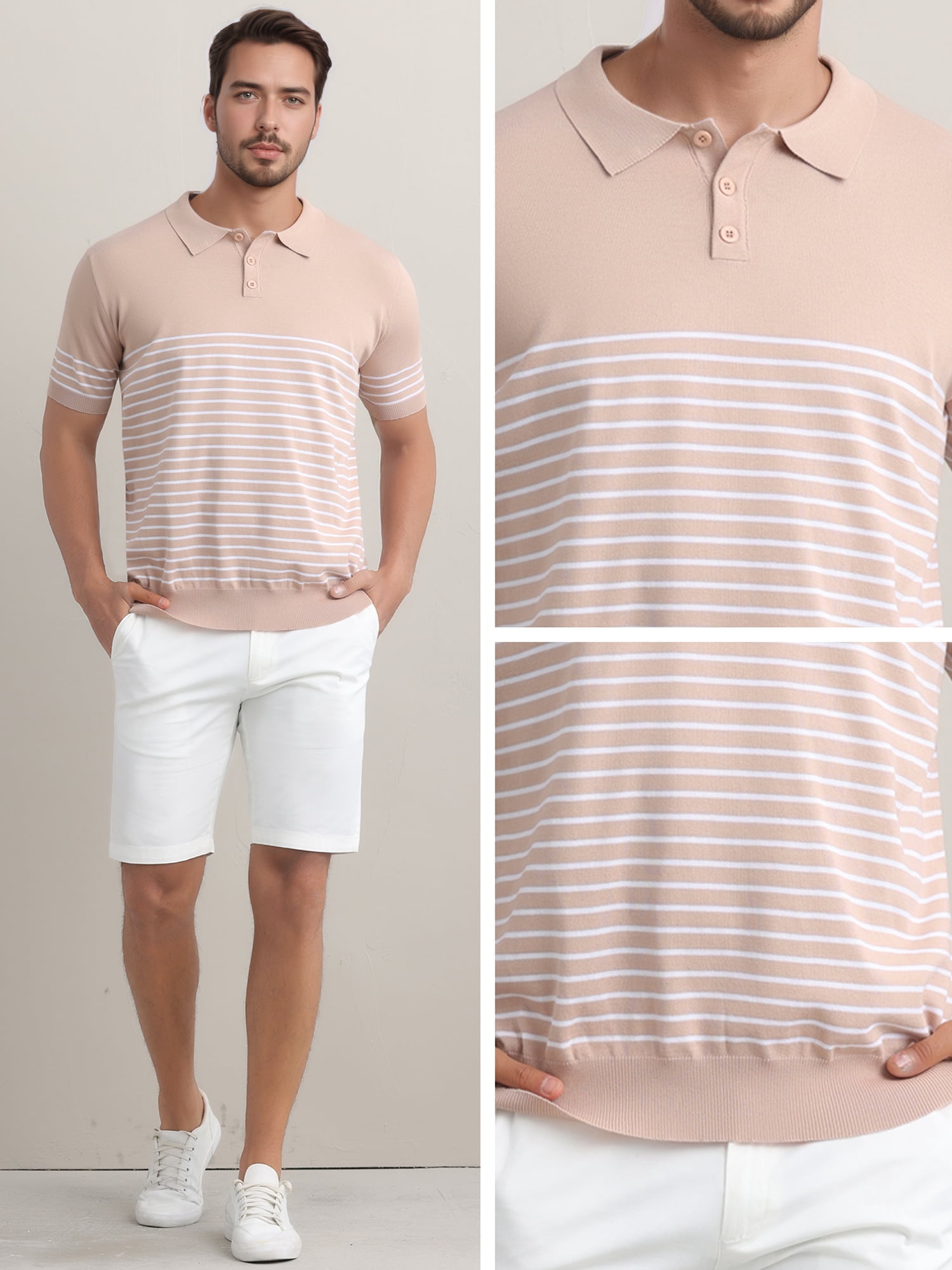 DARING DIVA Men's Knit Polo Short Sleeve Striped Golf Casual Collared T Shirt L Pink