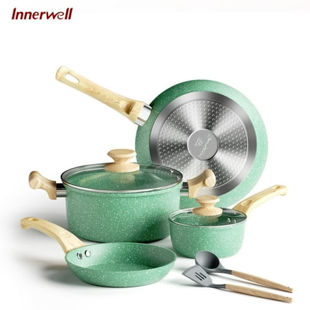 Mainstays 8-Piece Non-Stick Cookware Set Sale Innerwell 8 Piece Green Nonstick Kitchen Cookware Sets Induction Compatible For Cooking