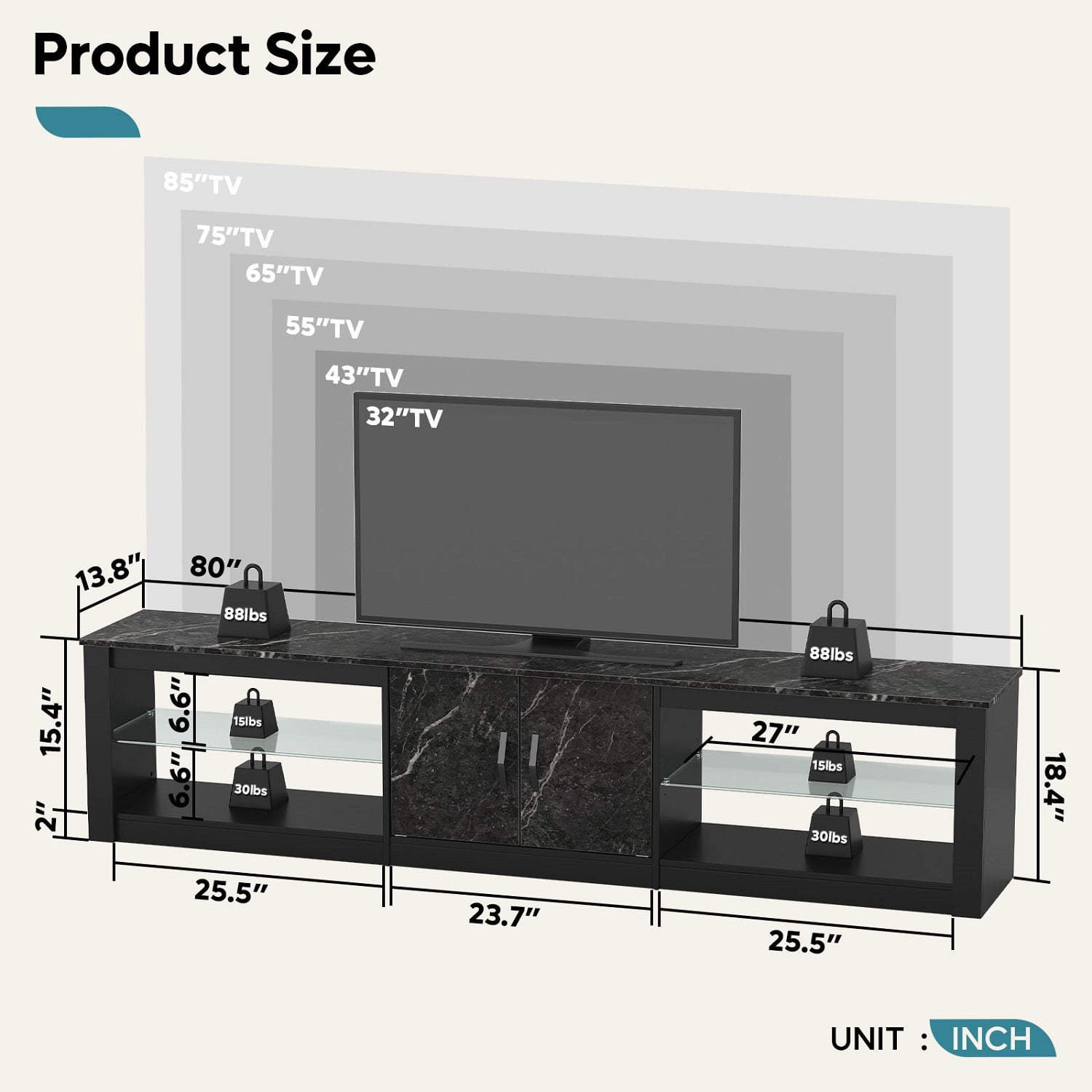 Bestier 80" TV Stand for TVs up to 85" with LED Lights Entertainment Center for Living Room in Black Marble