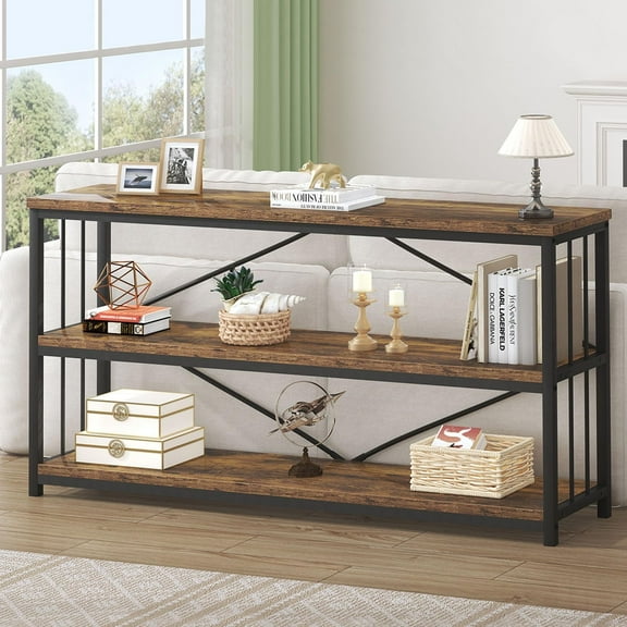 HSH Horizontal Bookshelf, Wood Metal Low Bookcase with Storage, Open 3 Tier Etagere Book Shelf for Office Bedroom Living Room, Rustic Brown, 55 Inch