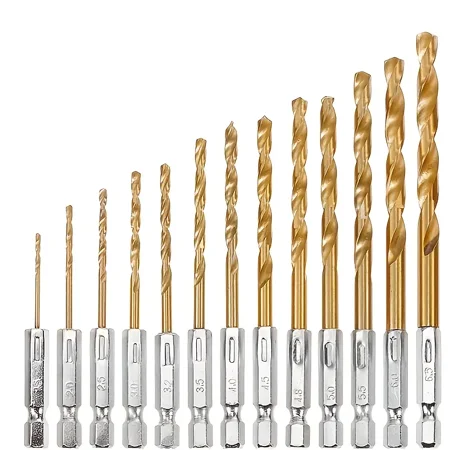 

13pcs Titanium Drill Hex Bit Set HSS Hex Shank Twist Drill Bit Set Quick Change Drill Bit Set 1/16”-1/4” For Wood Plastic Aluminum Alloy Metal