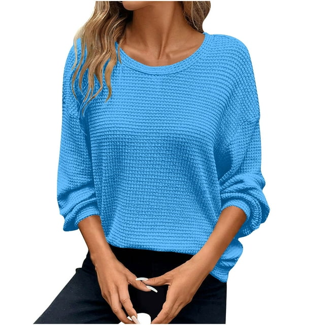 Hauts en Tricot Gaufré à Col Rond pour Femmes, Décontractés, Manches Longues, chandail-Over Léger et Respirant