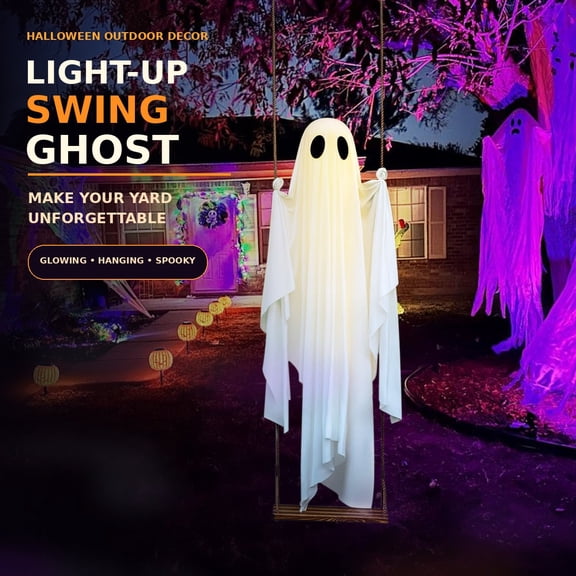 Halloween Ghost Hanging Swing Decoration, Spooky Outdoor Ornament for Yard, Porch, Tree & Patio, Perfect for Halloween Festivities, Trick-or-Treat Displays, 60in/150cm, White
