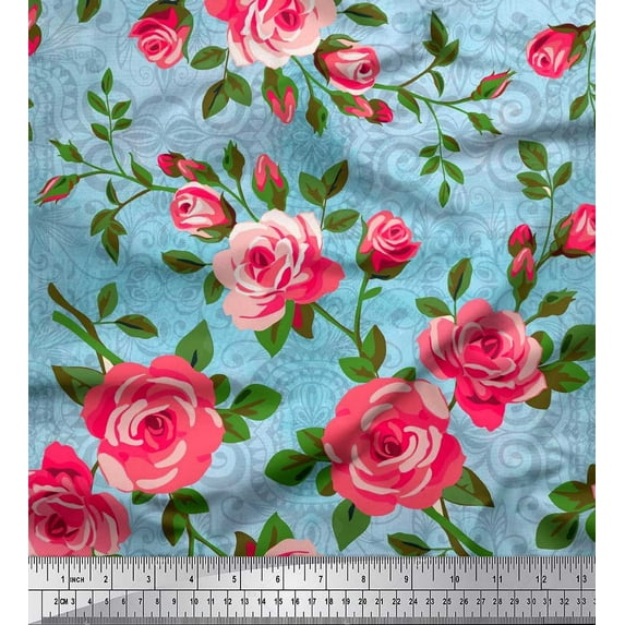 Soimoi Rayon Fabric Leaves & Rose Flower Decor Fabric Printed Yard 42 Inch Wide