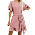 thumbnail image 2 of LOVZFMLL Robe Tunique Décontractée à Manches Courtes pour Femmes, Été, Taille Nouée, Double Couche, Col à Volants, Unie, Rose m, 2 of 4