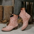thumbnail image 3 of Womens Retro Cowboy Boots Vintage Suede Embroidered Wide Mid Calf Cowgirl Boots Chunky Heel Slip on Short Dress Booties for Winter Fall Pink Size 8, 3 of 7