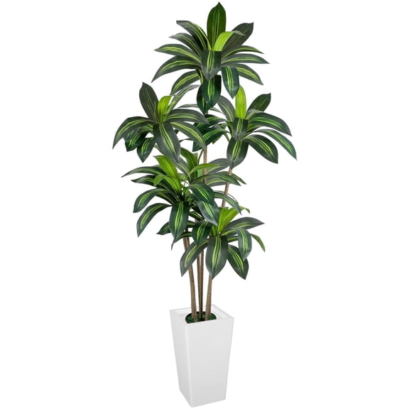 ROMSWI Dracaena Artificial Tree 6ft Tall Pre Potted Dracaena Trees with White Tall Square Planter for Indoor Outdoor Home Office Decor