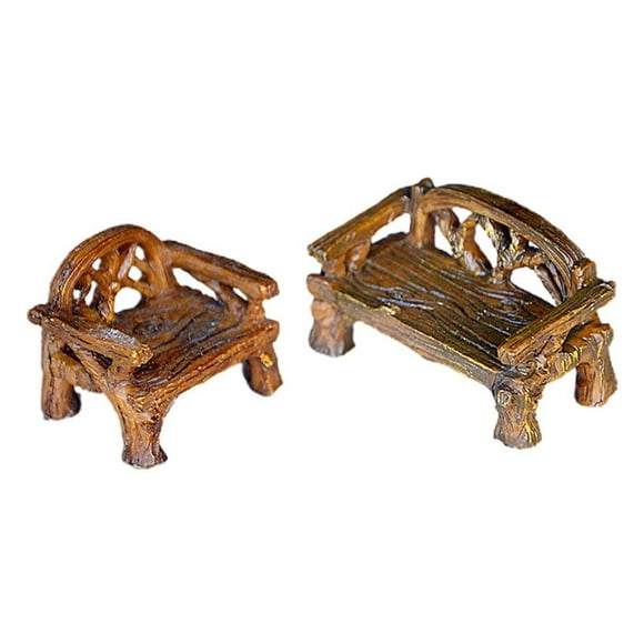 2PCS Miniature Fairy Garden Ornaments Mini Park Bench Scratch-proof Resin Bench and Stool Desktop Ornament for Home Decor