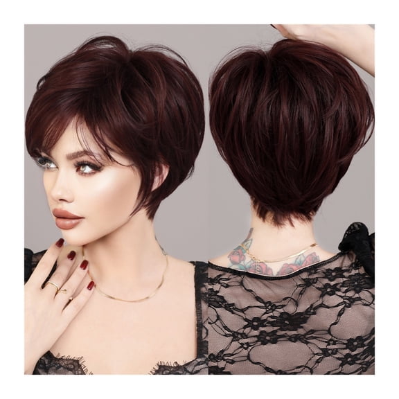 Short Bob Wig Wine Red Wig for Women Daily Party Natural Synthetic Hair Wigs with Fluffy Bangs Heat Resistant Fiber