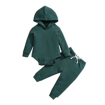 

IZhansean Newborn Baby Boy Girl Clothes Ribbed Knitted Romper Bodysuit Hooded Tops Long Pants Fall Winter Outfits Dark Green 18-24 Months