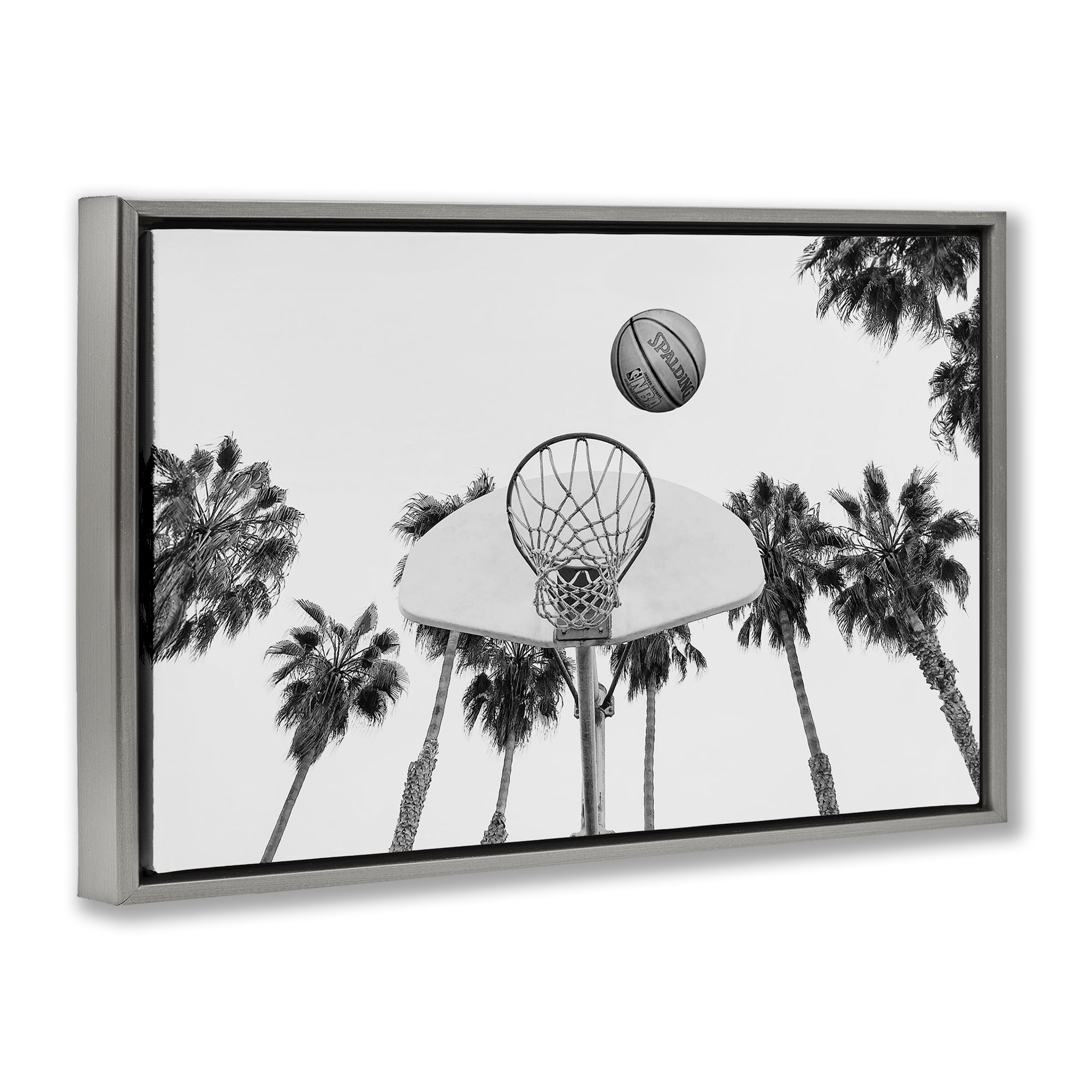 Stupell Industries Basketball Hoop with Palms Sports Painting Gray Floater Framed Canvas Art Print Wall Art, 31 x 21