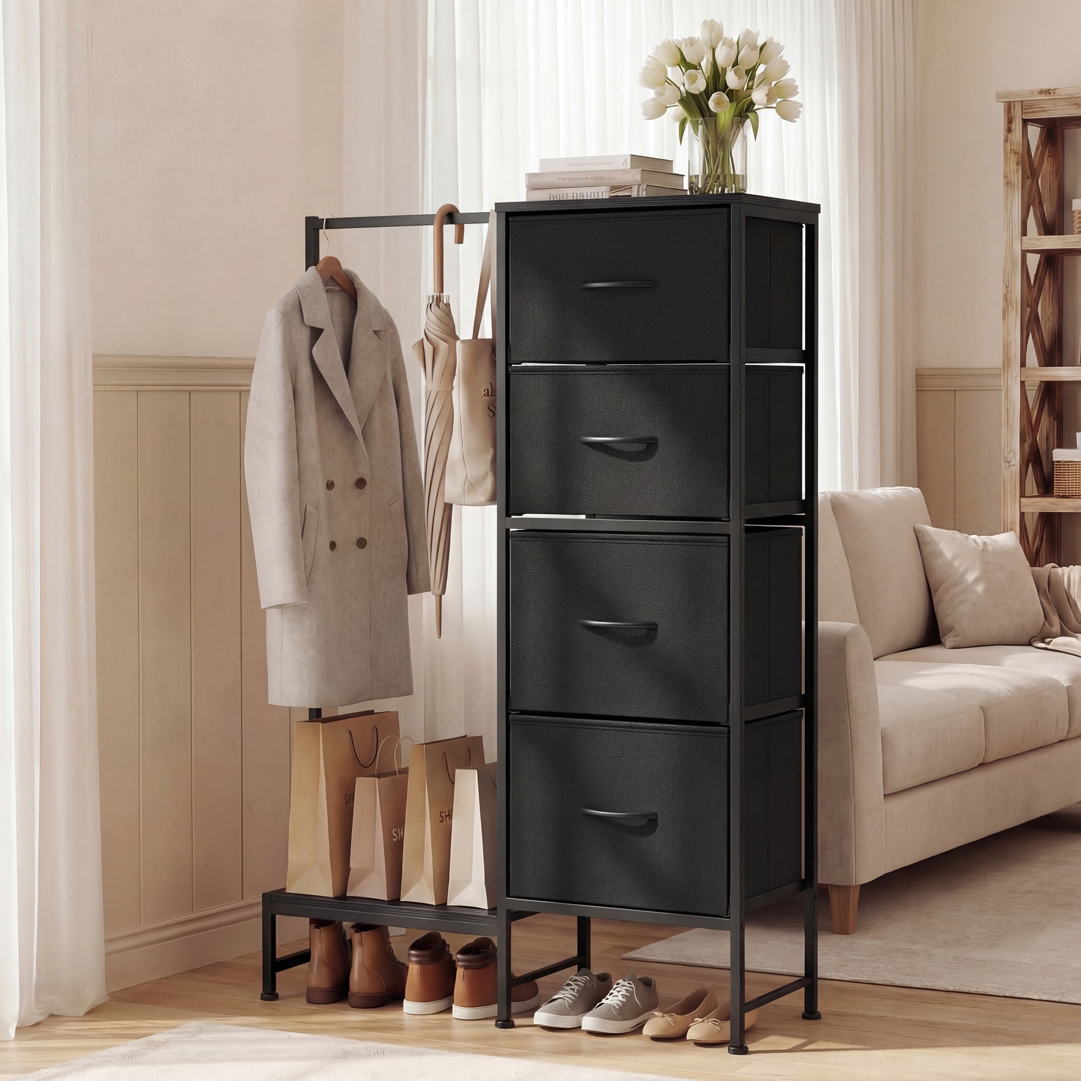 EDX 44"H Dresser with Hanging Rack, 4 Drawers Small Closet for Bedroom, Can be assembled by flipping left and righte Clothes Rack, Sturdy Frame, Black