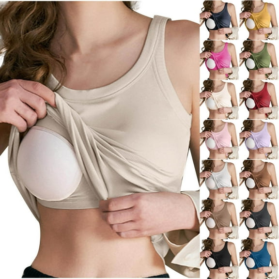 DDAPJ pyju Womens Camisole Tops Shelf Bra Tank Top Soft Cotton Workout Undershirts with Built in Bra Prime Sales Beige L