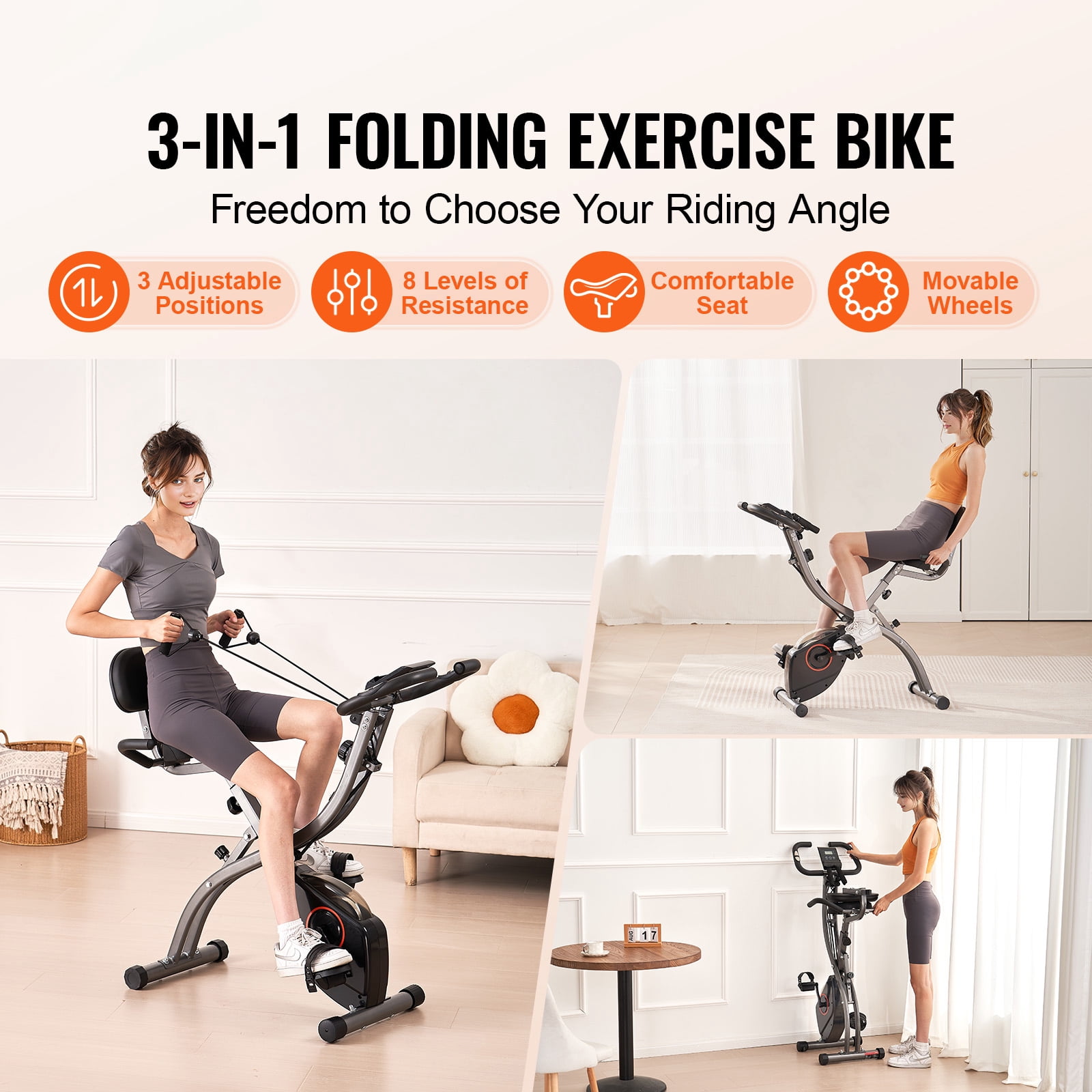 KFFKFF Collapsible Workout Bicycle, Adjustable Resistance Home Gym Bike, Upright Indoor Exercise Cycle with Comfort Seat, LCD Display for Fitness Training