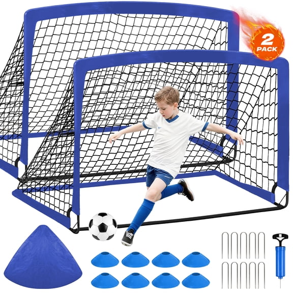 LNOW Portable Set of 2 Soccer Goals, 4x3ft Folding Soccer Net for Backyard Training for Kids and Teens,Blue
