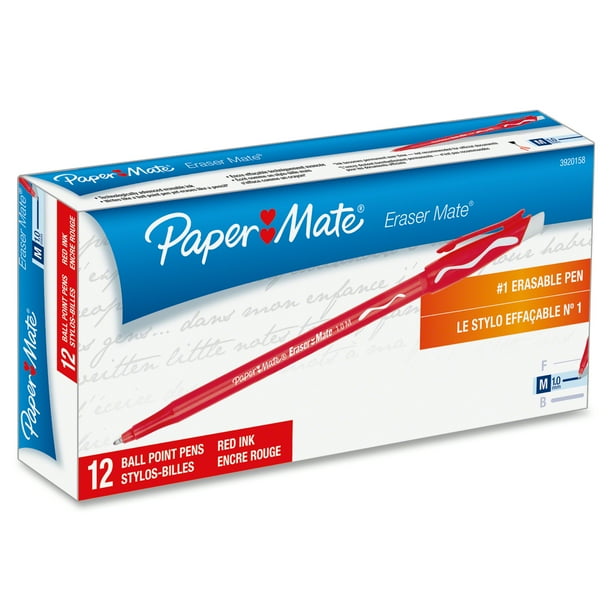 Paper Mate Eraser Mate Ballpoint Stick Erasable Pen, Red Ink, Medium