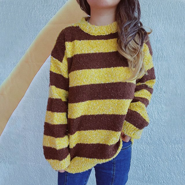 Hot6sl Tricot Rayé Col Rond Épais pour Femmes