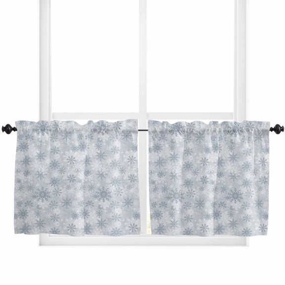 Grey Snowflake Kitchen Curtain 2 Panels Tiers Curtains 36 Inch Length, Christmas Snowflake Gray White Curtains Rod Pocket Curtains Window Drapes Treatment Window Cafe Curtains