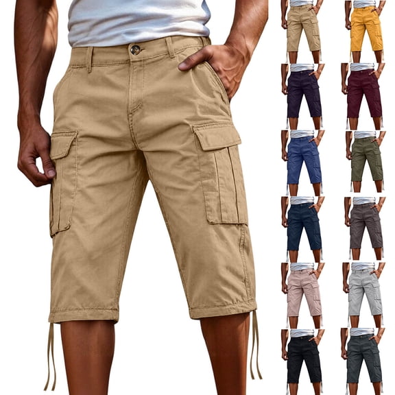 YABCSAZ Men's Cargo Shorts Knee Length Summer Shorts Cotton Capri Shorts, Lightweight Breathable Outdoor Casual 3/4 Length Elastic Waist Drawstring Capri Cargo Pants with Multi Pockets