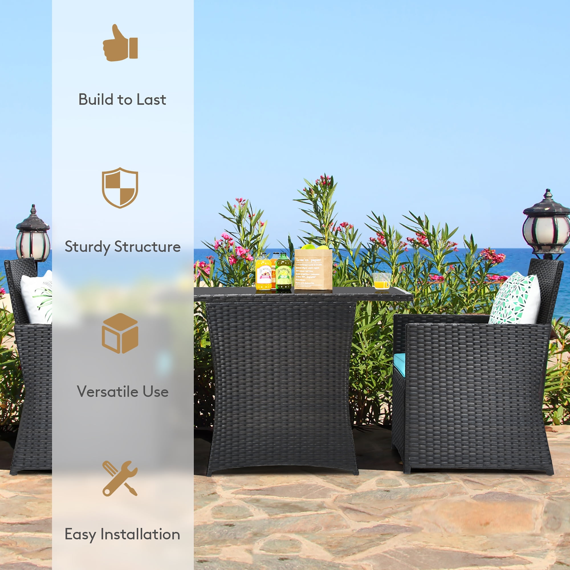 Costway  3PCS Patio Rattan Furniture Set Cushion Sofa Armrest Garden Turquoise