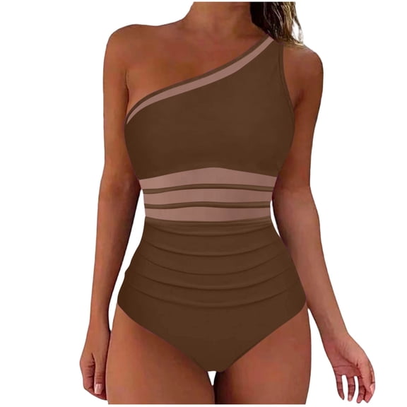 cocolona One Piece Swimsuit Women Summer Color Block One-shoulder Pleated Bathing Suit Vacation Beach Swimwear