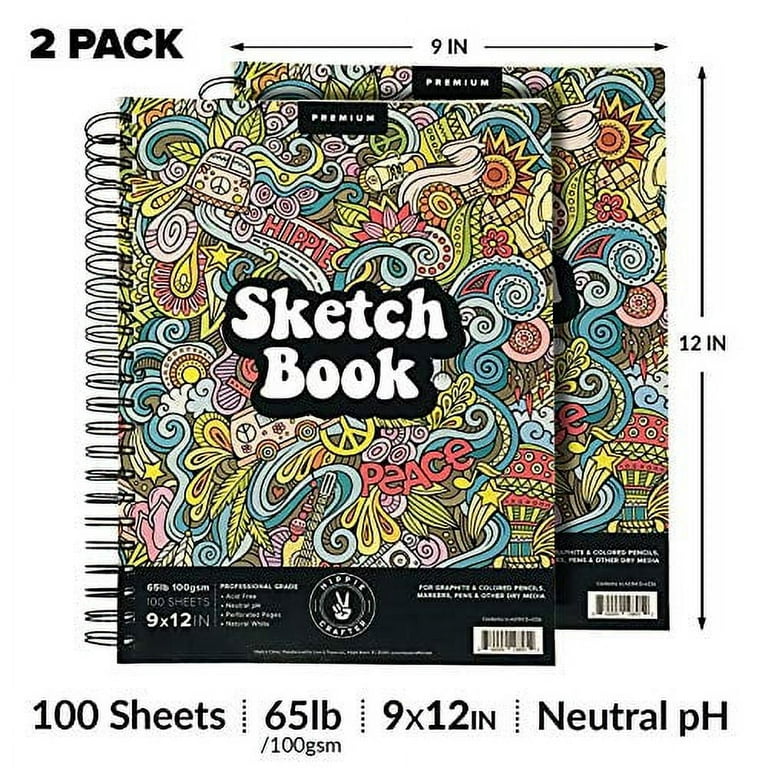 Mixed Media Sketchbook, 9x12 Sketch Pad, 98lb/160gsm, 2 Pack, 60 Sheets  Each, Spiral-Bound Perforated Acid Free Paper Hardcover for Kids Adults
