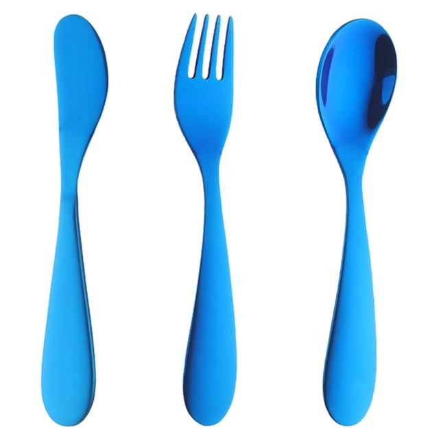Stainless Steel Spoon and Fork Cutlery Set, Short-Handled Large-Headed Spoon, Children's Eating Utensils, Blue., a Spoon, a Fork, and a Knife