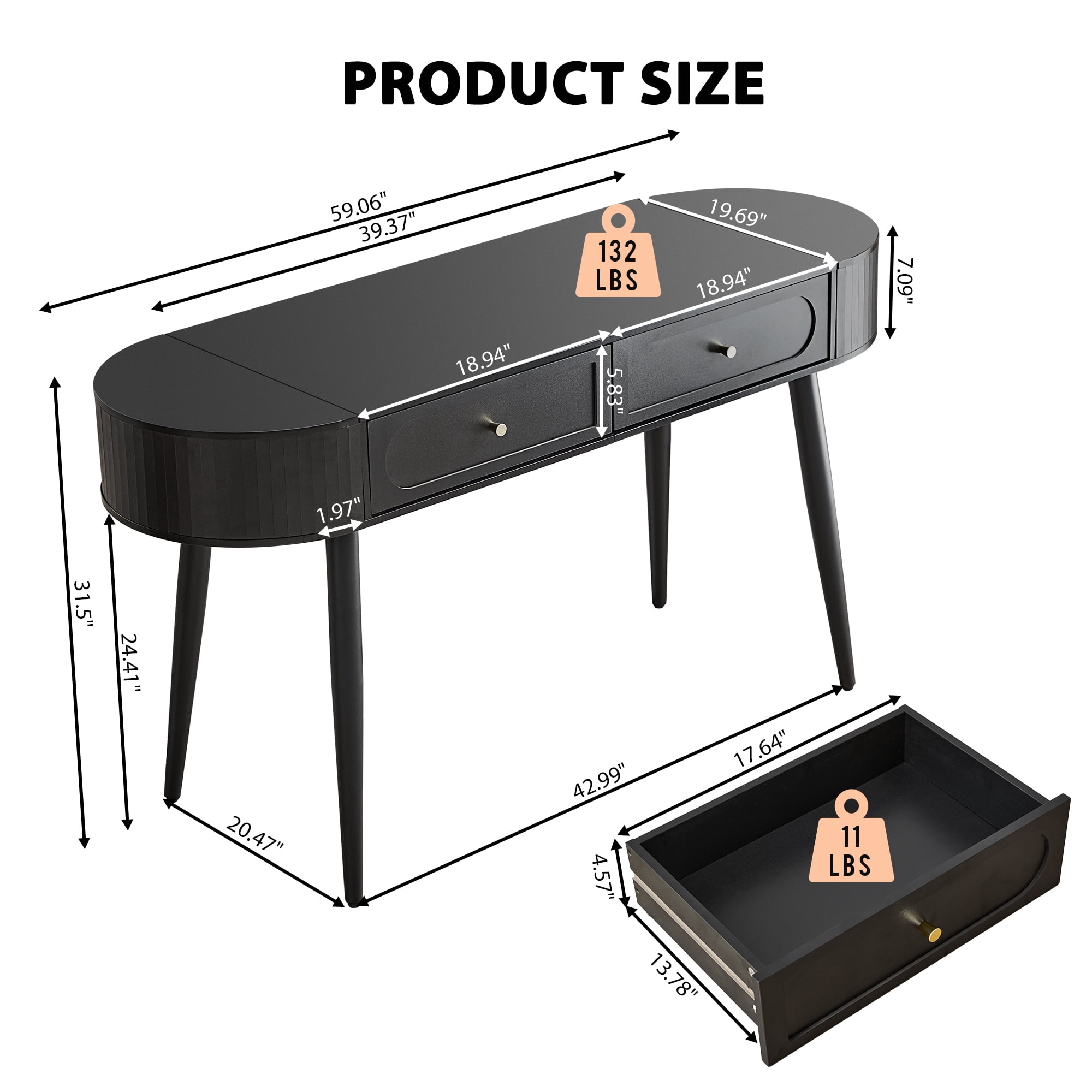 YOCWO Modern Home Office Desk with 2 Drawers and 2 Flip-top Storage, Oval Computer PC Desk Table, Vanity Desk with Fluted Curved Table Edge, Black