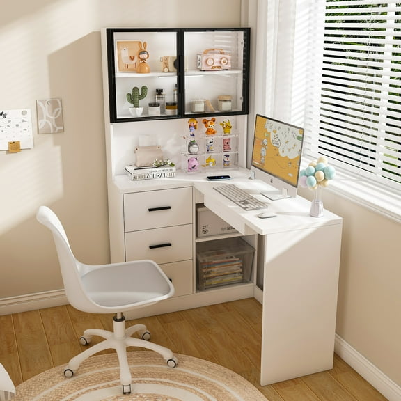 L-Shaped Computer Desk with Glass Cabinets & LED Lights, Corner Office Desk with USB Charging Ports, Keyboard Tray, Ergonomic White Desk for Home Office, Corporate Workspaces